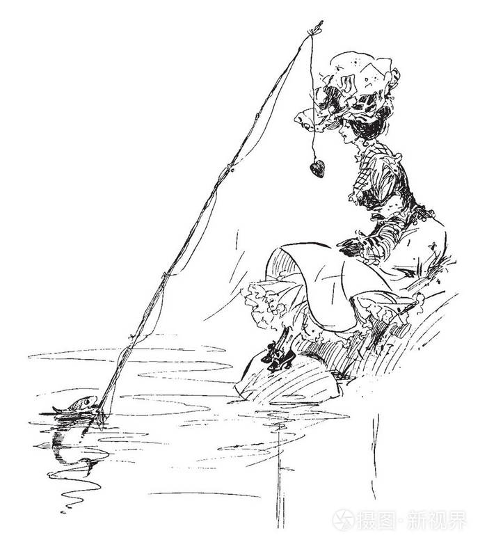 钓鱼钓一个女人的心作为诱饵,老式的线画或雕刻插图
