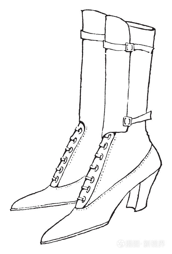 膝高靴是20世纪初设计的老式线条绘制或雕刻插图