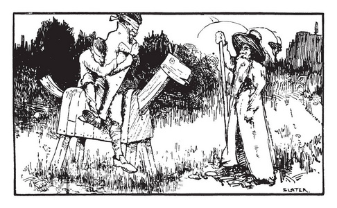 唐吉诃德这个场景显示一个蒙着眼睛的男人和蒙着眼睛的男孩坐在木马上