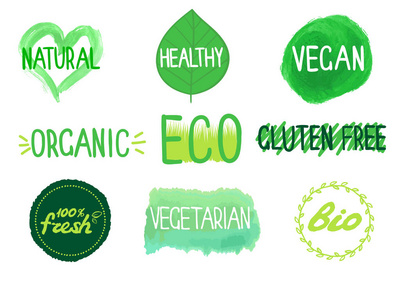 生态有机生物新鲜天然素食素无麸质标志。 标签设置包装咖啡馆等。 矢量插图