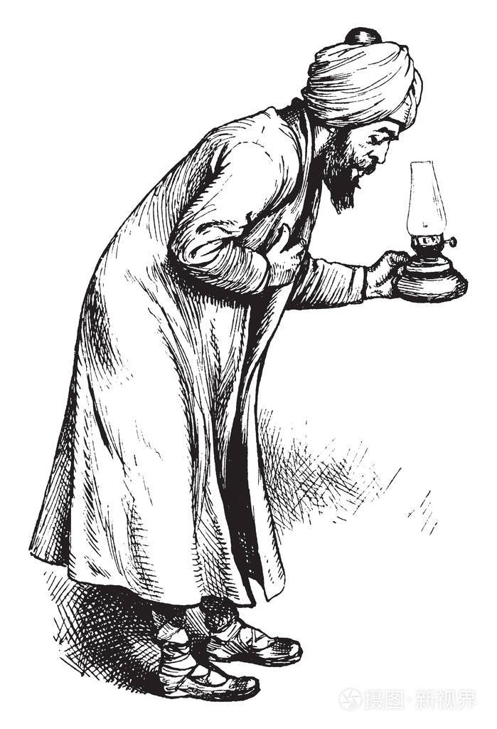 一个波斯人手里拿着灯,弓着老式的线条画或雕刻插图