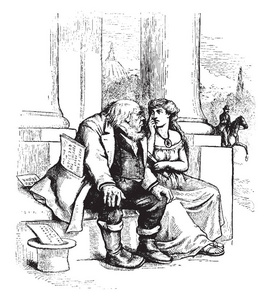 女人用手向男人展示她的眼睛，坐在她的复古线条图或雕刻插图附近