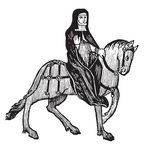 s Canterbury Tales, this picture shows The Prioress riding on ho