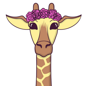 可爱的长颈鹿，头上有花。 打印织物T恤海报。 矢量插图