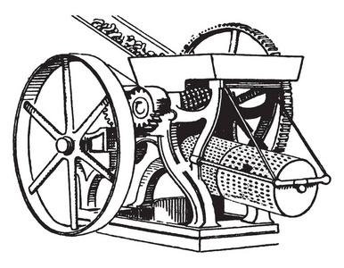 此插图表示交叉磨机和筛子，用于从液体复古线绘图或雕刻插图中对固体进行分层。