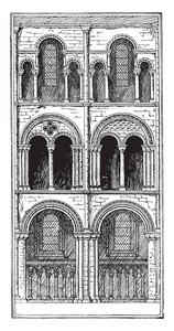 英国大教堂合唱团建筑的海湾，合唱团的两个海湾，传统上被称为诺曼建筑，复古线绘制或雕刻插图。