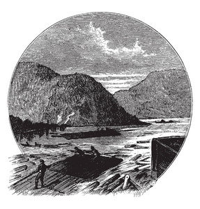 这个插图代表漂流，在那里伐木者将原木绑定到巨大的筏子上，以便沿着河流漂流，复古线绘制或雕刻插图。