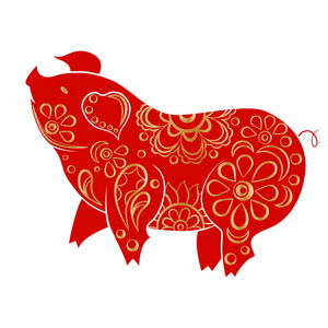 白色背景上分离的红色和金色剪纸猪。 中国风格的生肖。 矢量插图