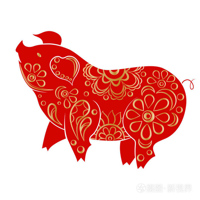 白色背景上分离的红色和金色剪纸猪. 中国风格的生肖. 矢量插图
