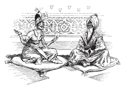 两个人坐在垫子上，谈论老式的线条画或雕刻插图