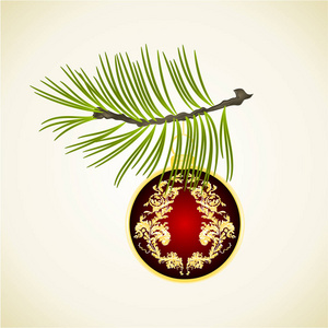 圣诞节和新年装饰红色圣诞装饰金叶五和杉树枝老式矢量插图可编辑手绘