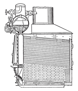 此插图表示Niclausse锅炉，其中水管是单端复古线绘图或雕刻插图。