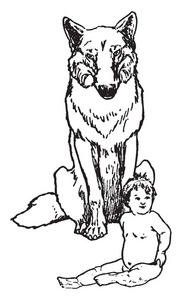 s Brothers, this picture shows a baby sitting on ground and wolf