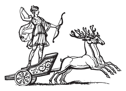 在这张照片中，戴安娜在战车上有一条小径。 她手里拿着弓箭。 她的战车在两只鹿的复古线绘图或雕刻插图。