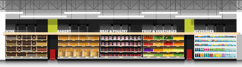 现代超市内部场景与产品矢量插图
