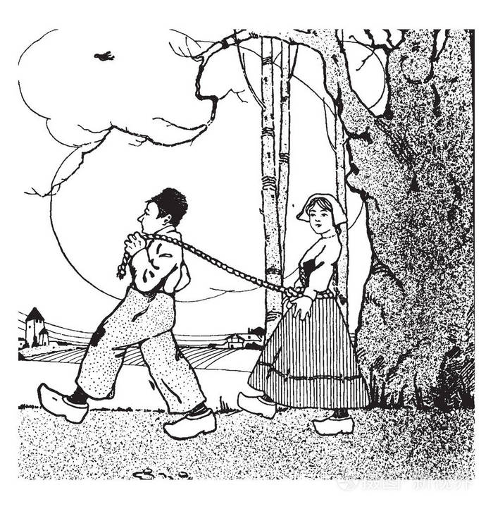 hans这一幕展示了一个女孩走在男孩和男孩的身后，手里拿着绳子，绑在她的腰上，背景是老式线条画或雕刻插图