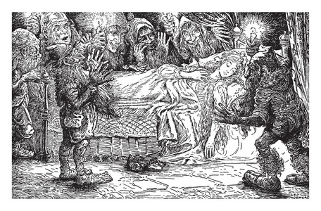 一位睡在床上的女性，仙女们拿着蜡烛围着她的复古线条画或雕刻插图