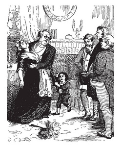 匹克威克先生这一幕显示，一个男人手里拿着一个女人，看上去她头晕目眩，小男孩拉着他的外套，三个在他们面前，画着老式的线条或雕
