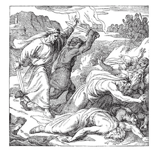 一幅以利亚和巴尔的一些先知的照片，其中以利亚正在用他的剑复古的线条画或雕刻插图杀死巴尔的先知。