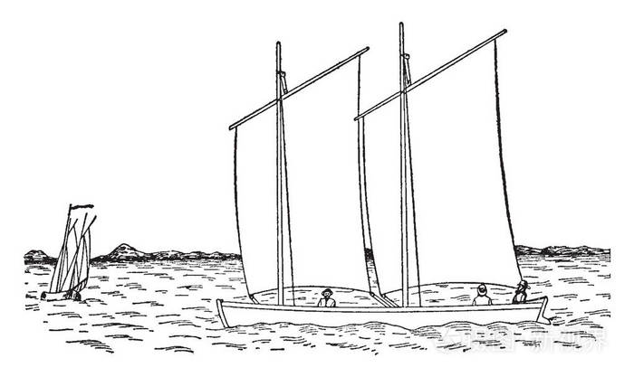 风力驱动的帆船与方形操纵桅杆称为一个双关复古线绘图或雕刻插图