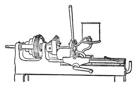 这个插图代表螺旋机，这实际上是一个车床与一些特殊的特点，复古线绘图或雕刻插图。