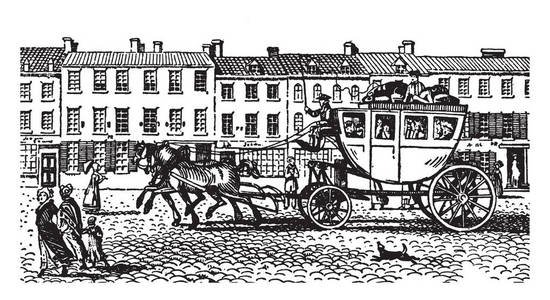 十八世纪的鹿式马车是一种四轮封闭式马车，用于运载乘客和货物，老式线路绘图或雕刻插图。