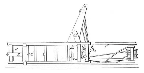 这个插图代表棉压机，其中的设计允许棉花过滤通过一个绞车复古线绘图或雕刻插图。