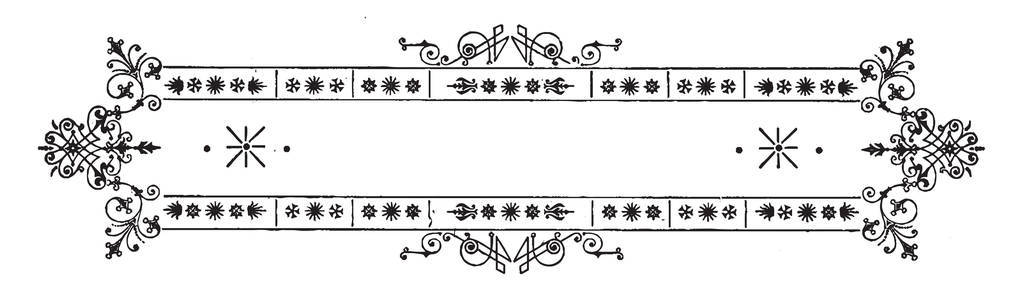 丝状横幅有一个叶子设计边界，它的边界是沉重的装饰复古线绘图或雕刻。