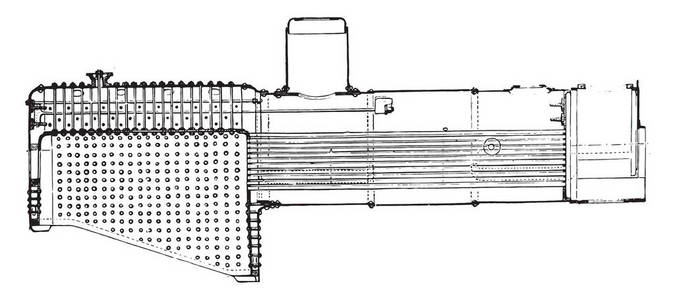 高速机车北方铁路锅炉纵断面出现在1878年展览会上，老式雕刻插图。 工业百科全书1875年