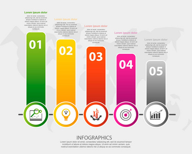 现代矢量插图。 带有五个元素矩形圆圈和文本的信息模板。 一步一步。 为业务演示设计网页设计图，有5个步骤。