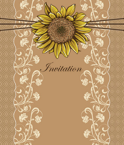 复古邀请卡与华丽优雅的复古抽象花卉设计，黄色向日葵和米色花和叶子在浅棕色背景与网格边界和文本标签。 矢量插图