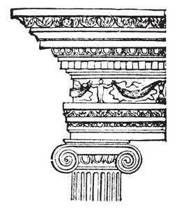 六世纪建筑经典离子复古线绘图或雕刻插图