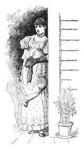 一个女人站在门口，手里拿着针织针老式的线描或雕刻插图