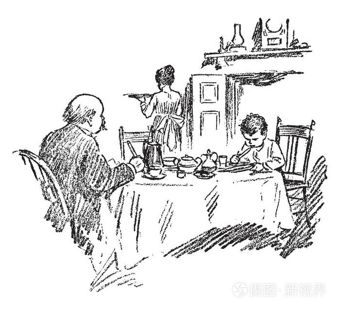 一个男人和一个男孩在吃晚饭,一位女士为他们服务
