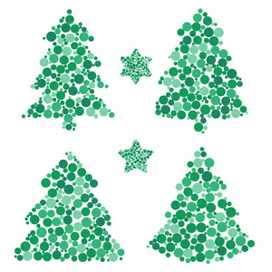 贺卡上有四棵圣诞树。 矢量艺术与点不同的大小。 激光切割模板。 树状的大小点。