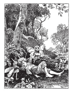 一个仙女挠痒痒，一个男孩睡在树林里的树下，另一个仙女站在他身边，老式的线条画或雕刻插图