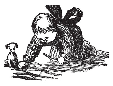 童谣这一幕展示了一个孩子把木棍笔直地放在地上，狗坐在地上，看着木棍复古线条绘画或雕刻插图