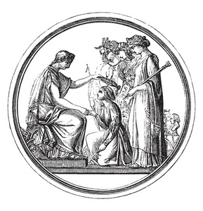 不列颠尼亚加冕一个女人站在跪着的女人后面，老式的线条画或雕刻插图。