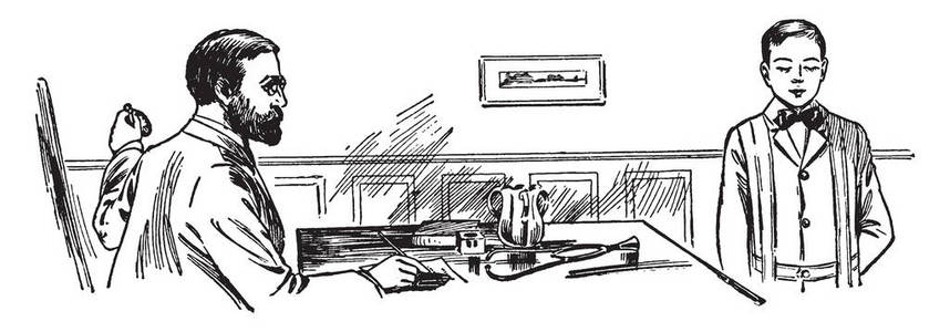一个男人坐在桌子上看着站在前边的男孩，画着老式的线条或雕刻插图