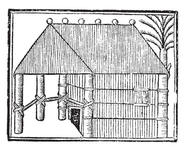 西帕尼奥拉房子，这是一个岛屿，哥伦布降落在1492年的复古线绘图或雕刻插图。