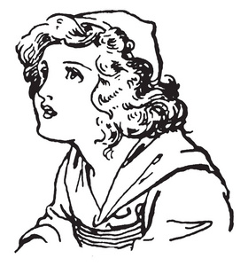 年轻女孩抬头向左看,在这幅画中,老式线条画或雕刻插图.照片