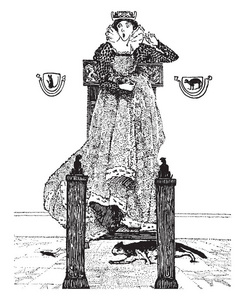 猫猫这一幕显示猫跑在老鼠和王后后面，带着可怕的表情，手里拿着她的连衣裙，老式的线条画或雕刻插图