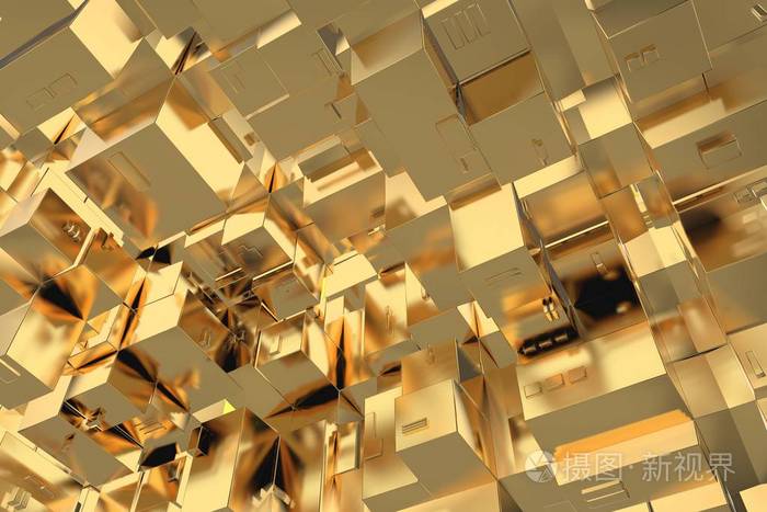 财富丰富概念理念黄金城市日落光线抽象空间背景3d例证渲染