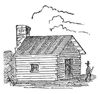 有一个小房子或小屋。 这座房子是用木棍建造的。 这所房子被称为茅屋复古线绘图或雕刻插图。