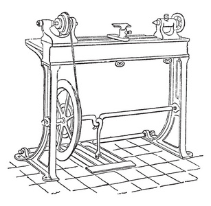 此插图表示机械车床复古线绘图或雕刻插图。