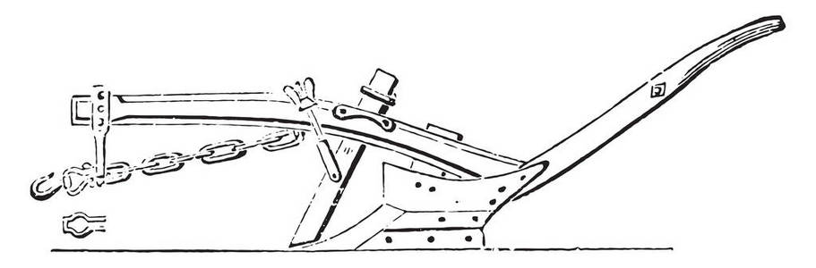 从墙边看到的小木犁，老式雕刻插图。 工业百科全书1875年