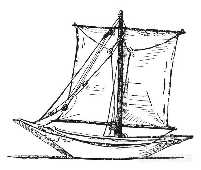 杜加是一种独木舟,由一块木头制成,上面有一张方形的帆,老式的线条画