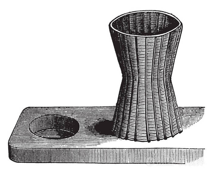 圆柱形篮子在中间稍微收缩，它是众所周知的茶叶筛被放置在这个篮子复古线绘图或雕刻插图。