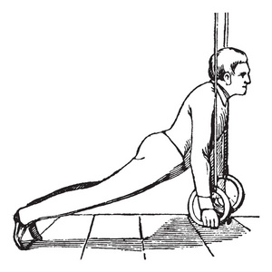 男孩在环上锻炼，用手拉绳下来，躺在脚趾上，老式的线画或雕刻插图。