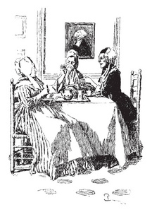 三个女人坐在桌子上，端着茶复古的线条画或雕刻插图
